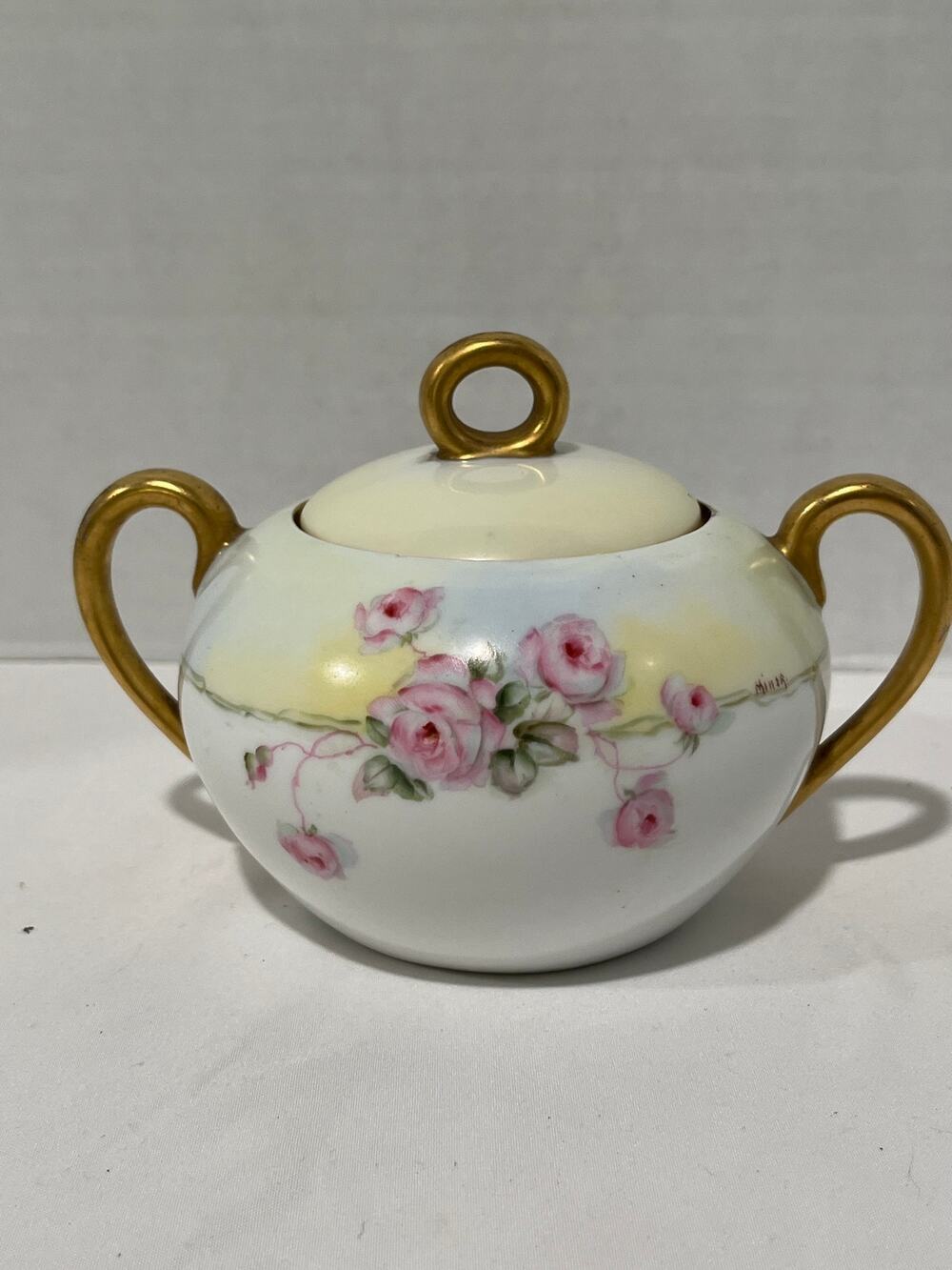 Bavaria Porcelain Sugar Bowl Pink Roses Gold Gilt Signed Mina Antique